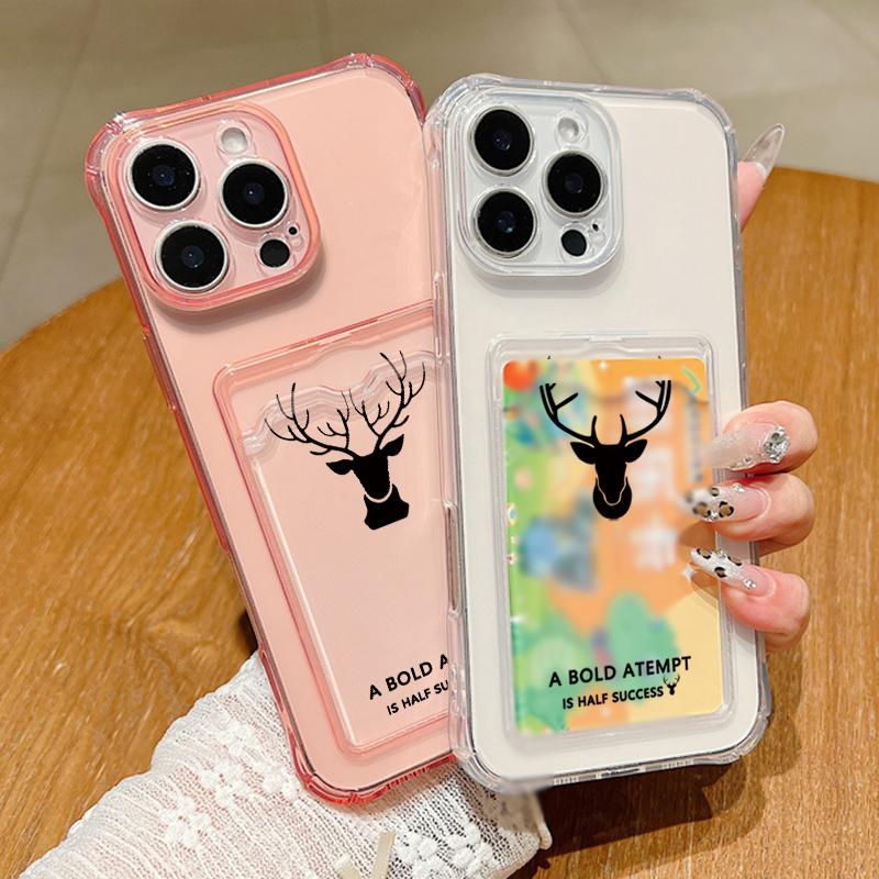 For iPhone 16E 16 Pro Max 15 Pro 14 13 12 11 Cover Shell Simple Deer Pattern Clear Card Pocket Slot Slim Shockproof Soft Silicone Phone Case