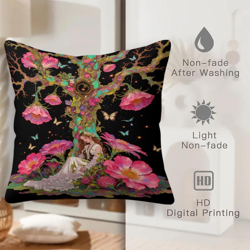 18.18 Inch Enchanted Floral Fairy Throw Pillow Cover, Detachable Soft Cushion Case, Gothic Garden Sofa Home Decor