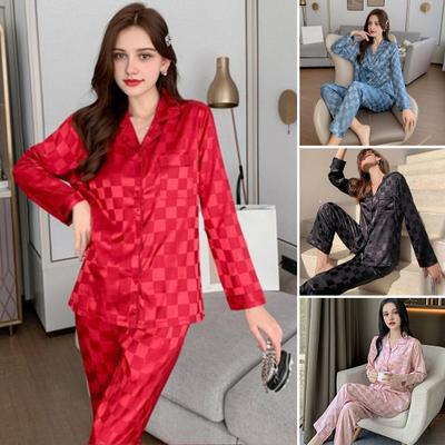 Ensemble Pyjama Satin pour Femme Haut à Manches Longues Boutonné et Pantalon Long