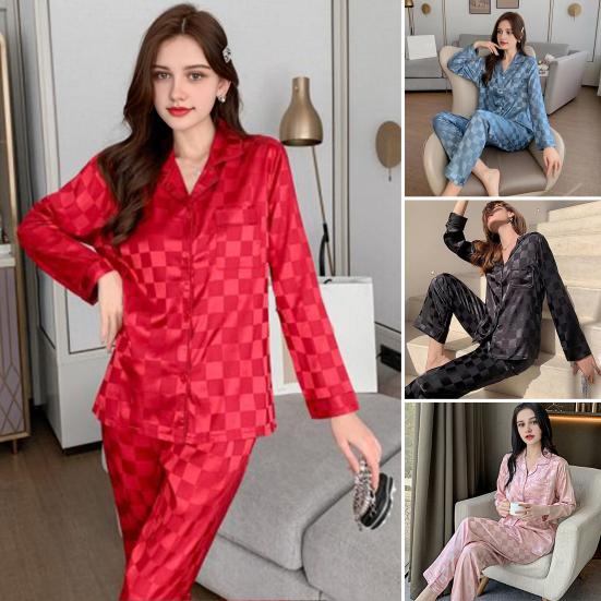 Womens Satin Pajamas Set Button Down Long Sleeve Top And Long Pants Sleepwear Set Oversized Casual Plaid 2 Piece Lounge Set