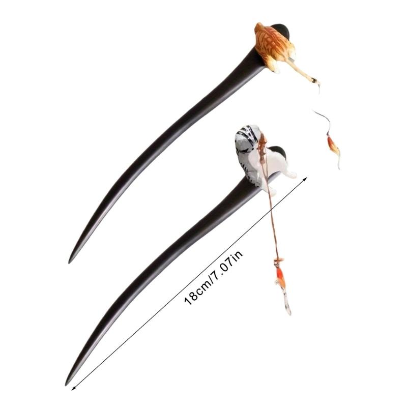 Wooden Hairpin With Fishing Cats  Chinese Style  Hair Sticks Hair Accessory For Women Daily Styling