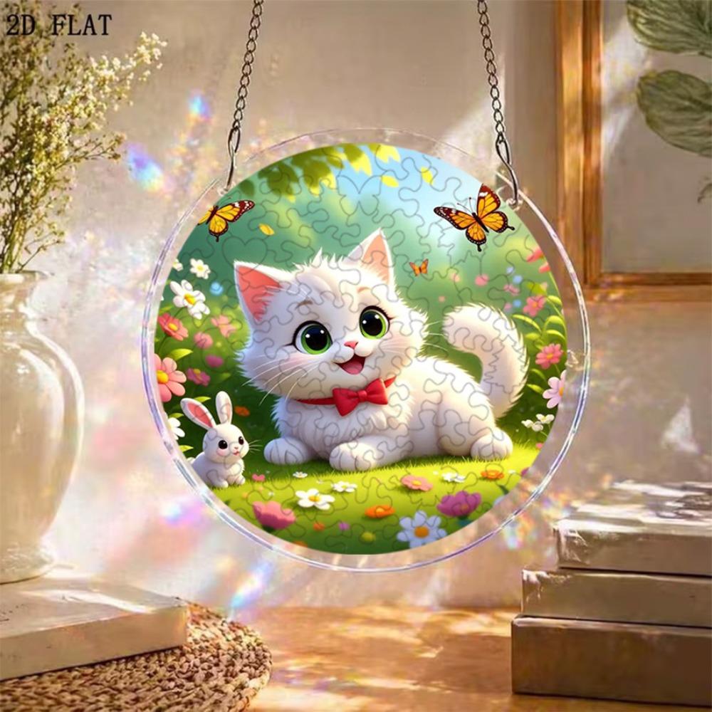 2D Flat, 2D Flat - Spring Flower Bush Kitten Theme Design, 2D Flat Acrylic Sun Catcher Window Hanging Decoration, Suitable As Birthday Gifts for Women