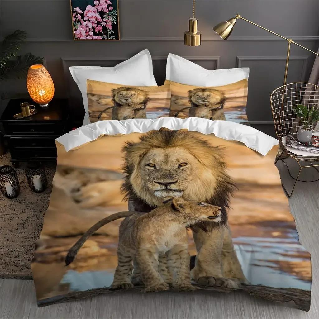 3PCS Single-sided Printed Quilt Cover Lion Animals Printed Bedding Sets Comfortable Bedspreads Comforter Duvet Birthday Gift