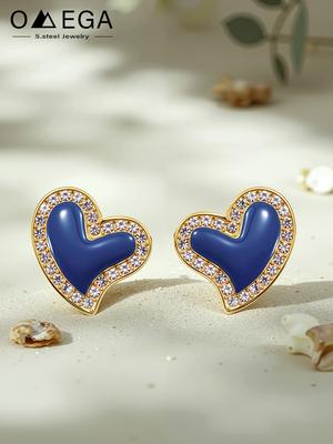 316L Stainless Steel Heart Ear Studs Earrings For Women 18k Gold Plated Inlaid With Multi Shiny Zircon Women's Stud Earring