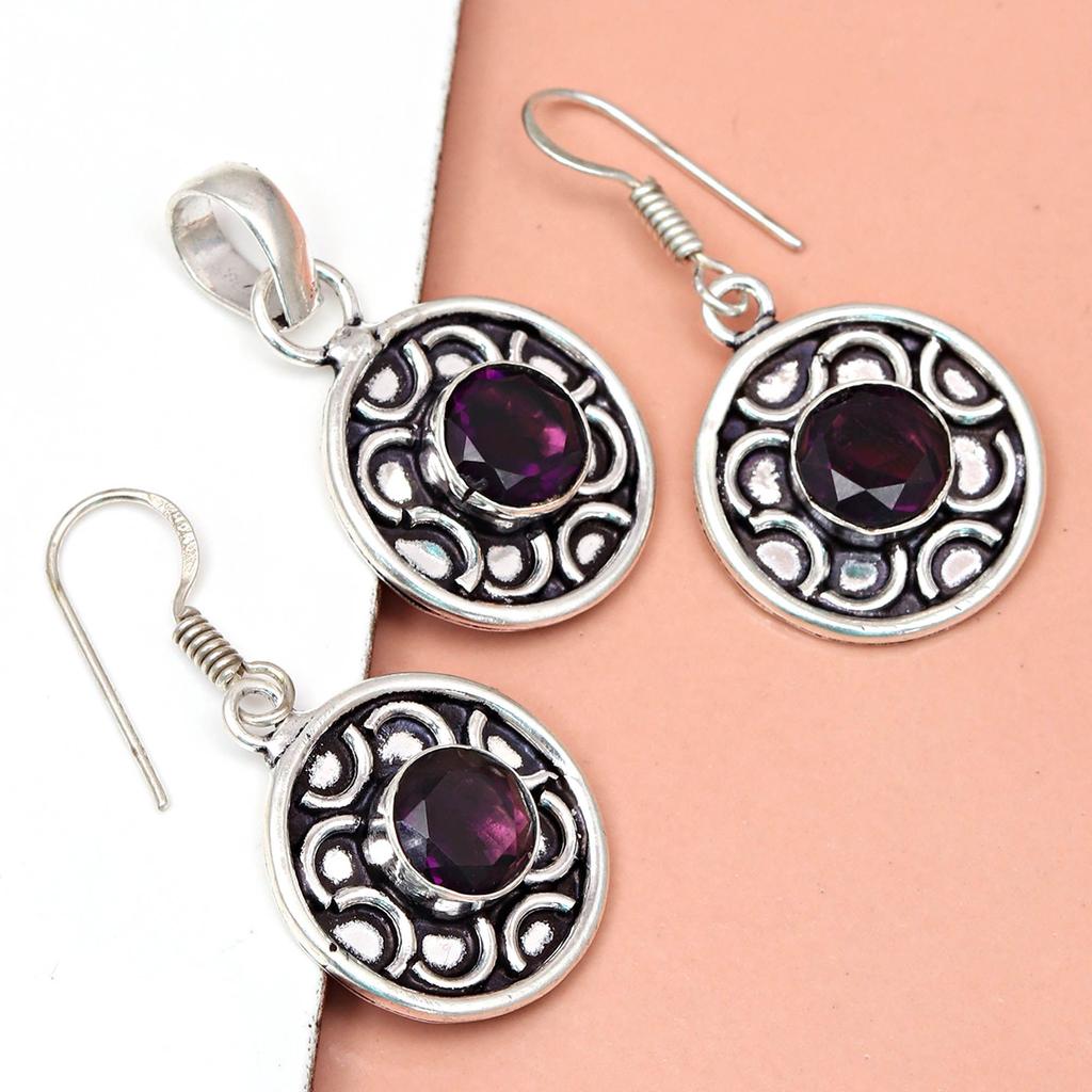 Set Amethyst Pendant Earrings Girls Earring Necklace Sterling