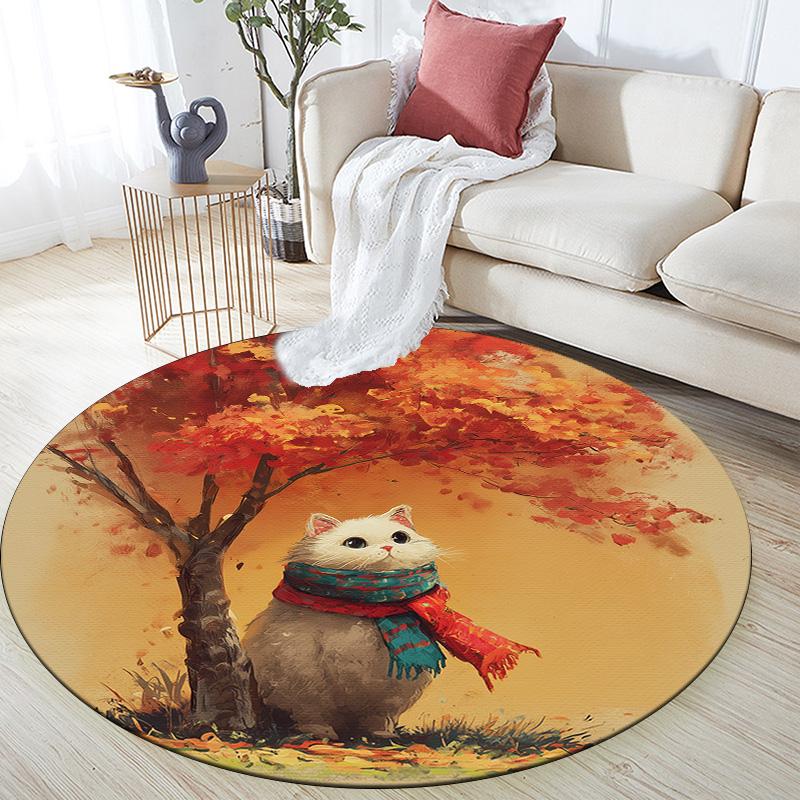 Cat with Leaf Scarf,Round Area Rug,Carpet Rug for Living Room Bedroom Sofa Playroom Decor,Non-slip Floor Mat