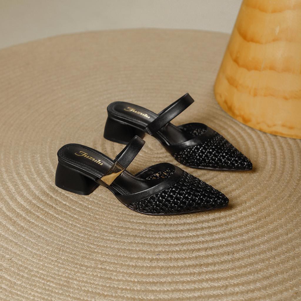 French hollow bag head half slippers women's outer wear summer new one-word with pointed head with skirt thick heel woven sandals