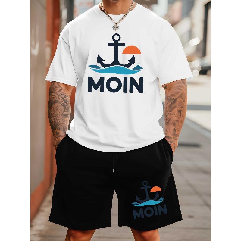 European Size Moin Men'S Plus Size Casual Short Sleeve T-Shirt - Vibrant Orange with Anchor & "MOIN" Print, Loose Fit, Breathable Summer