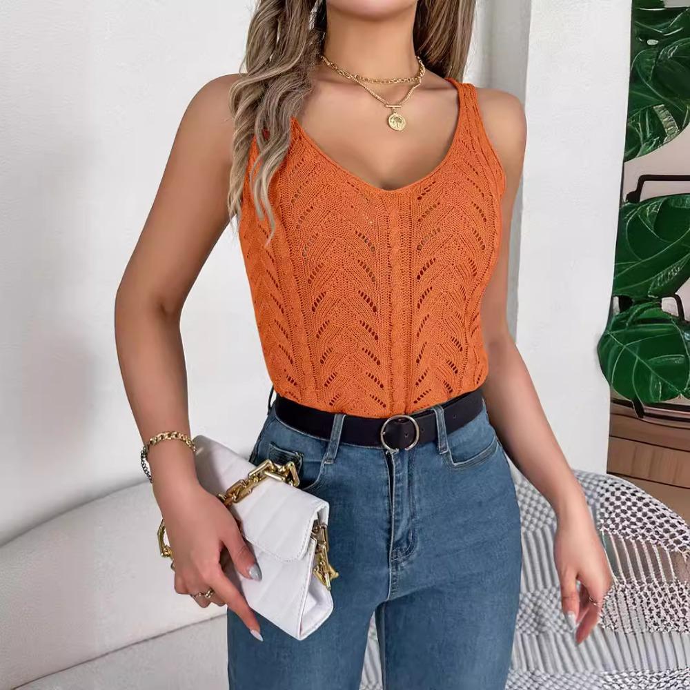 Solid Color V-neck Hollow Sleeveless Sweater Holiday Vest for Women