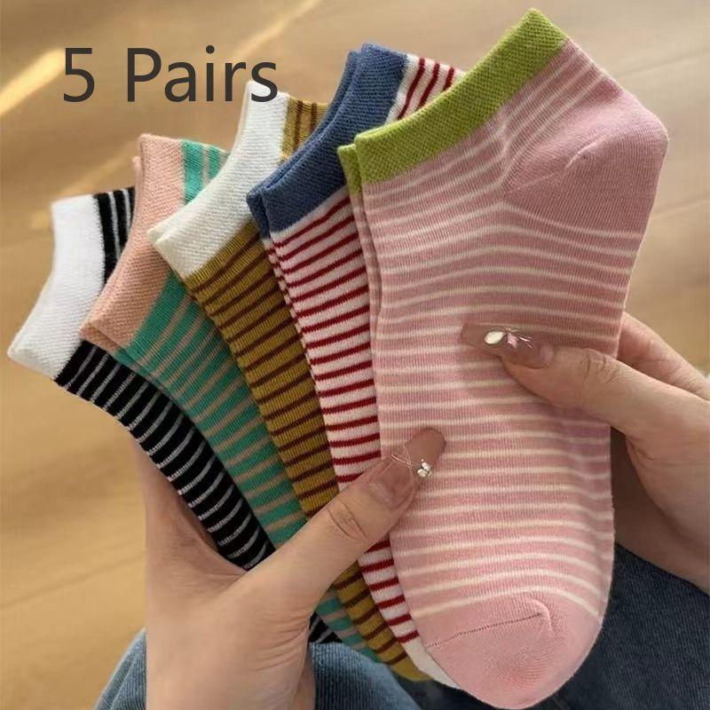 

5 пар полосатых носков, женские носки-лодочки, летние тонкие и модные, универсальные, модные короткие носки, влагоотводящие, дофаминовые невидимые носки 5 pairs