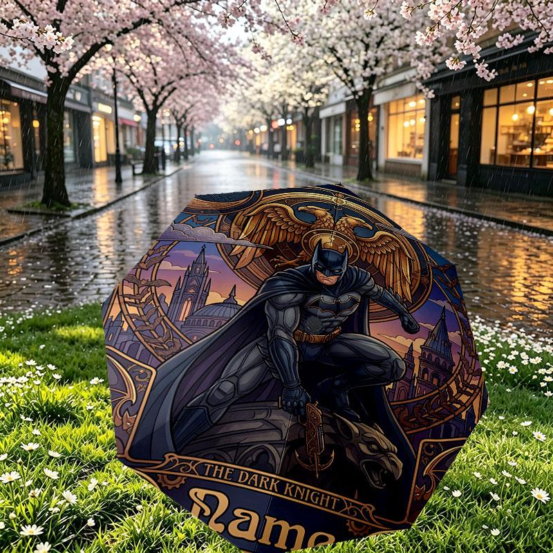 Custom Name Personalized Batman Print Umbrella, Auto Open Close, 8‑Rib Sturdy Frame, Commute Camping Hiking Use, Birthday Gift