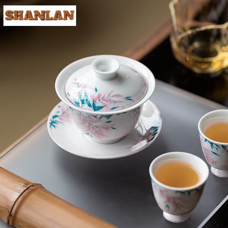 100ml Hand-painted Wisteria Flower Three-talent Gaiwan Antique Tea Tureen Tea Bowl With Lid Kit Tea Making Cover Bowl Teaware