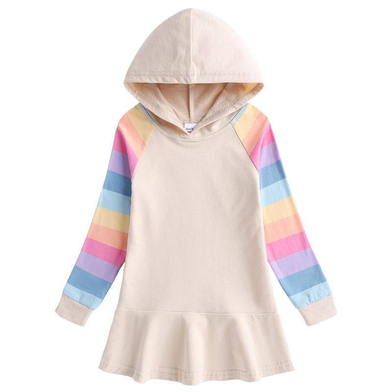 Spring Autumn Lotus Leaf Edge Cartoon Rainbow Girls' Dress Cotton Children's Long Sleeve Hoodie Hundred Fold Princess Dress