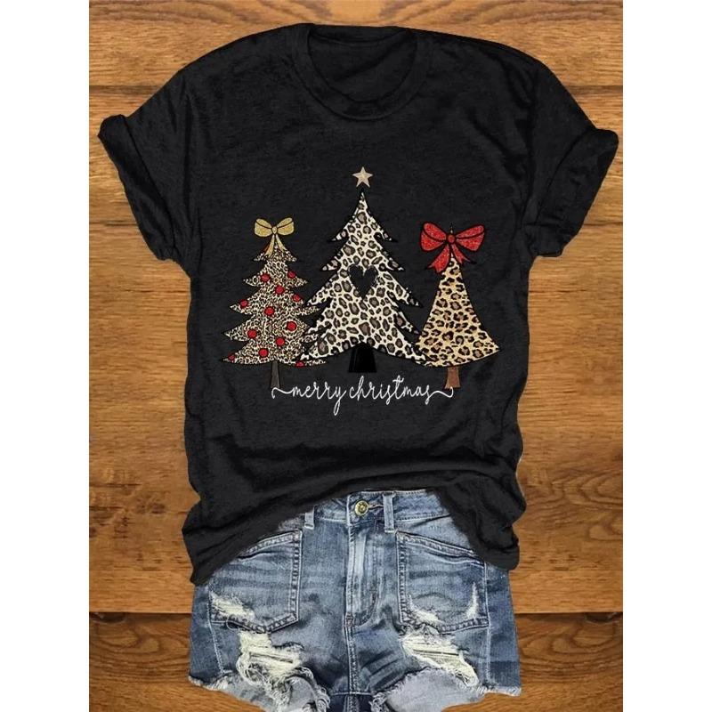 Letní dámská trička s krátkým rukávem, módní, ležérní, s 3D potiskem vánočního stromku a kulatým výstřihem