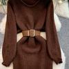 Autumn Winter Women Elegant O-neck Knitted Sweater Chic Mini Short Straight Pullover Dresses with Belt