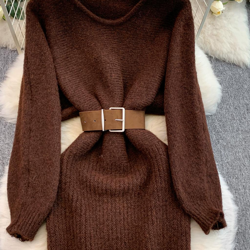 Autumn Winter Women Elegant O-neck Knitted Sweater Chic Mini Short Straight Pullover Dresses with Belt