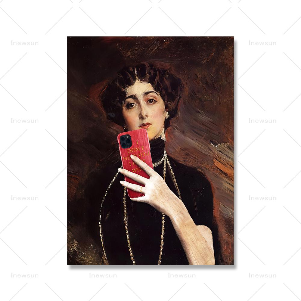 

Веселый подростковый арт-постер Ренессанс Измененный портрет Сотовый телефон Холст Печать Классические феминистские цитаты Винтажная настенная картина Домашний декор 21x30cm No Framed
