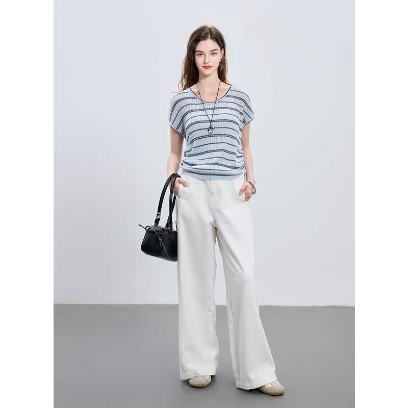 

Sancai 2025 Summer Ice Silk Striped Round Neck Short Sleeve Drawstring Knit Top S