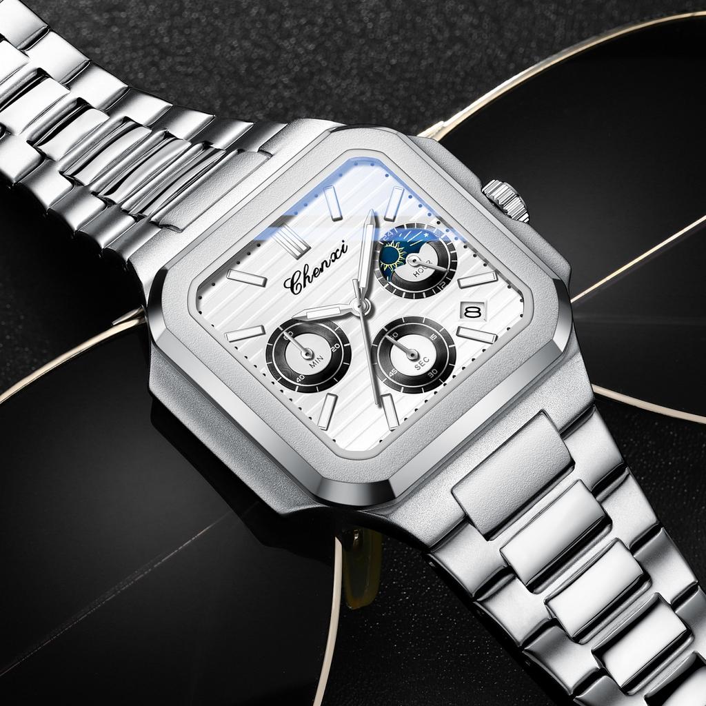 Fashion Men Watch Luminous Waterproof Chronograph Date Man Wristwatch Square Stainless Steel Quartz Men's Watches Reloj