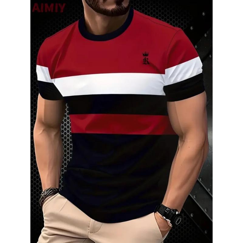 T Shirt Man Classic Men's Clothing Outdoor Round Neck Short Sleeve Top Stripe Print Street Loose T-Shirt