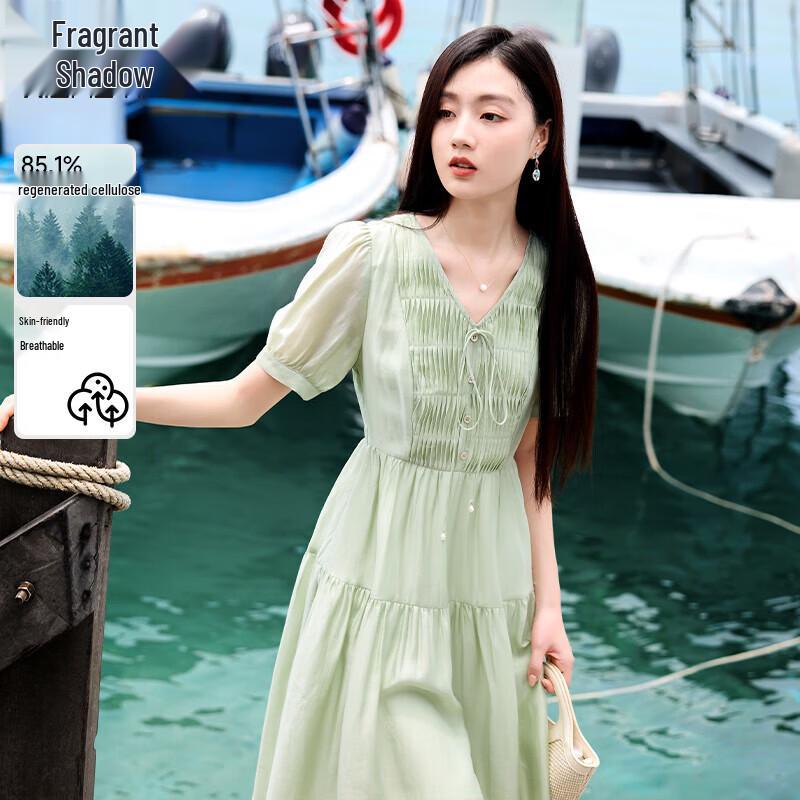 Xiangying 2025 Summer V-Neck Pleated Puff Sleeve Midi Dress M