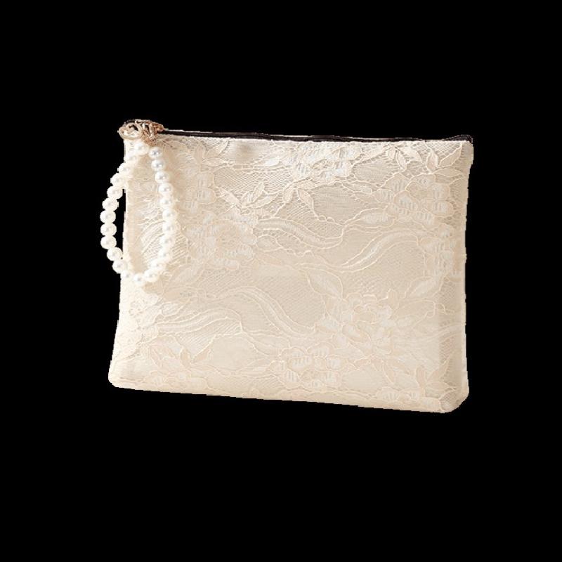 Lace Cosmetic Bag With Pearl Wrist Strap And Semi Transparent Design Perfect For Daily Makeup Storage Travel Use