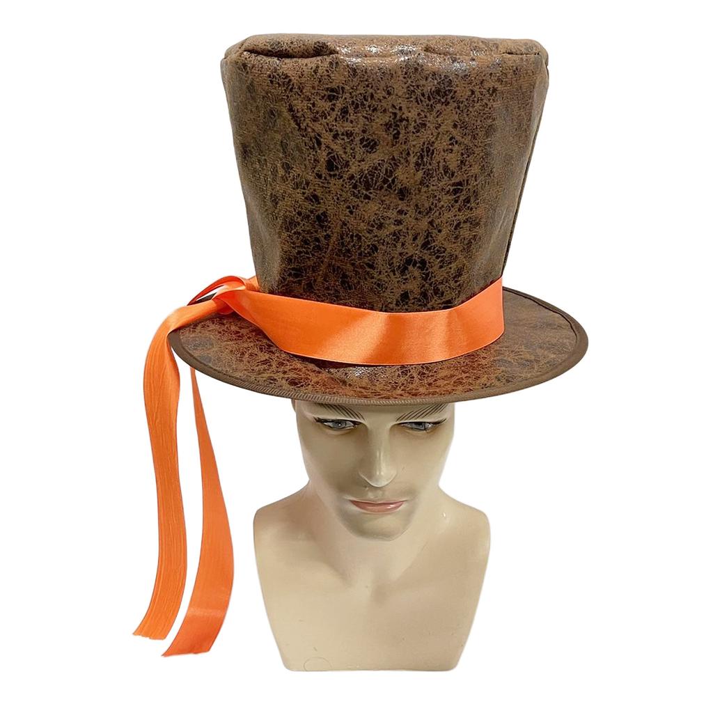 Vintage Gentleman Top Hat with Orange Ribbon Magician Steampunk Hat for Halloween Carnival Cosplay