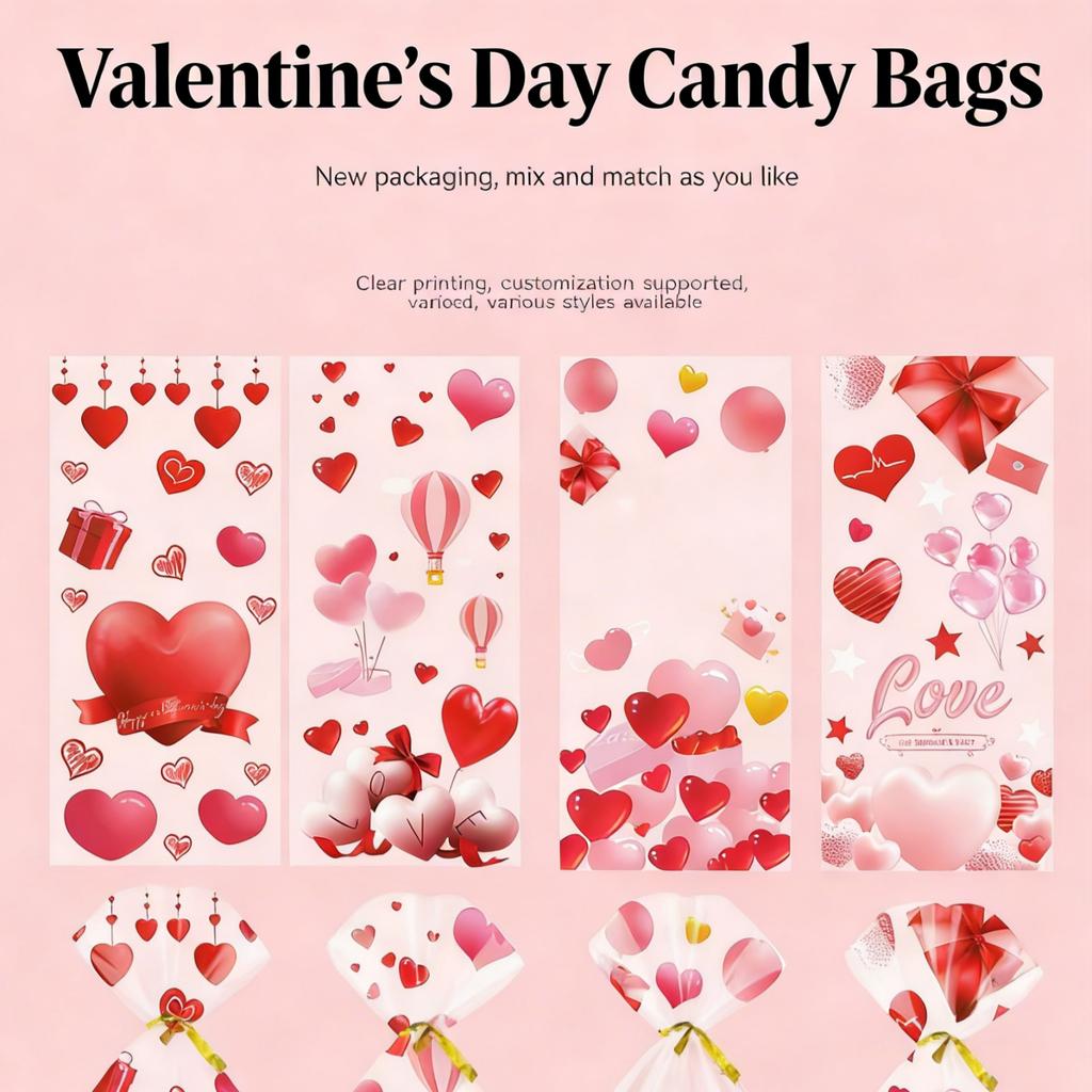 50Pcs Valentines Day Candy Bags Red Hearts Snacks Bags With Gold Ties Valentines Party Bags Happy Valentine’s Day Print Bags Wedding