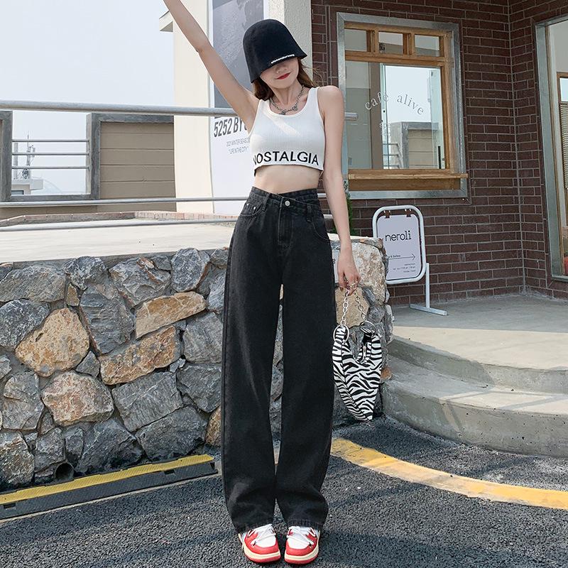 

Женские черно-серые джинсы широкого кроя: Весна 2023 г. Свободные прямые модные брюки с высокой талией Double Extra Large серый