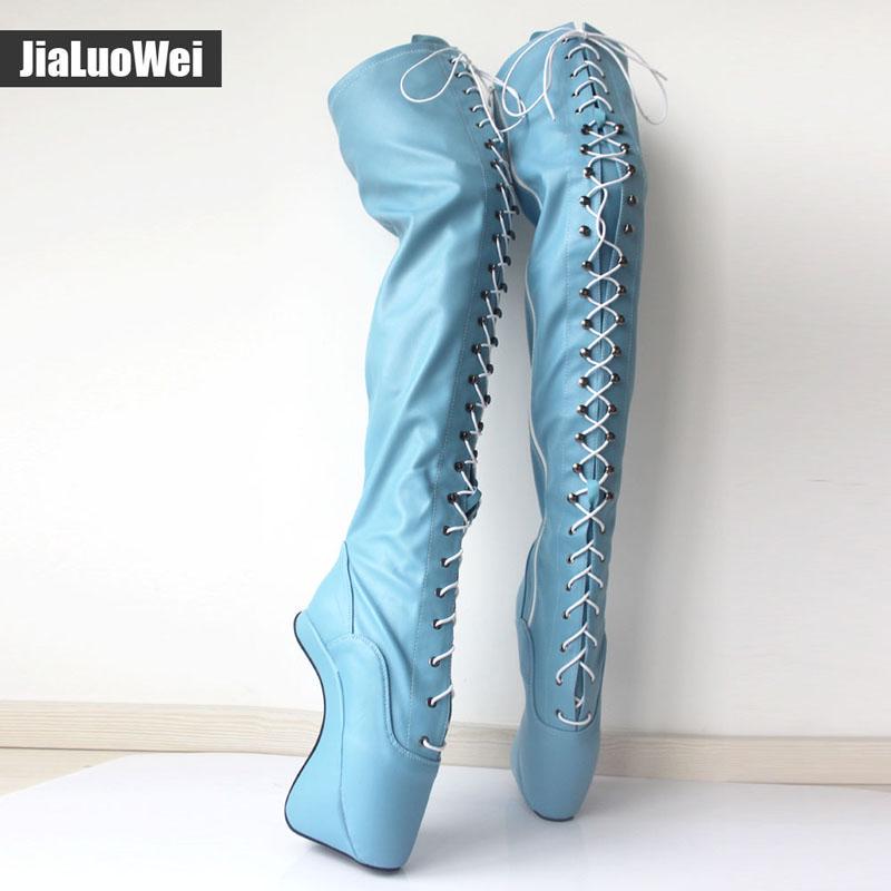 

Балетки на высоком каблуке 18 см, сексуальные сапоги выше колена с острым носком на шнуровке 46 небесно-голубой
