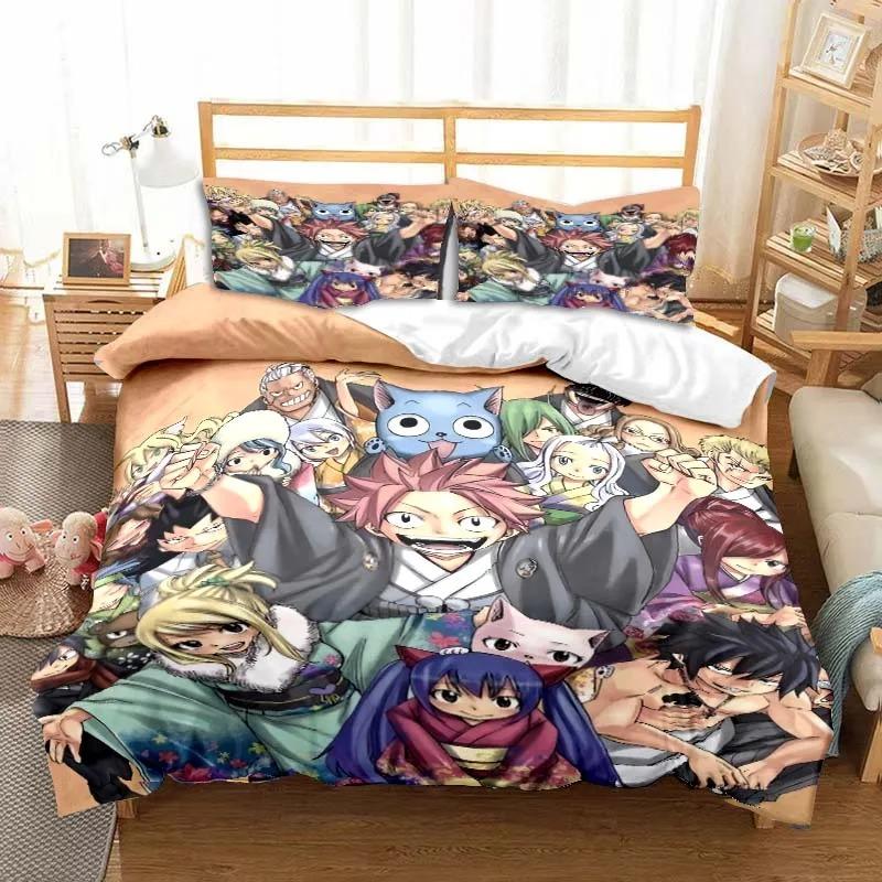 3D Anime Fairy Tail Bedding Set Bed Three-piece Set Duvet Cover Single Double Bed Queen Size Duvet Cover Set Adult Kid's Bedroom Tool