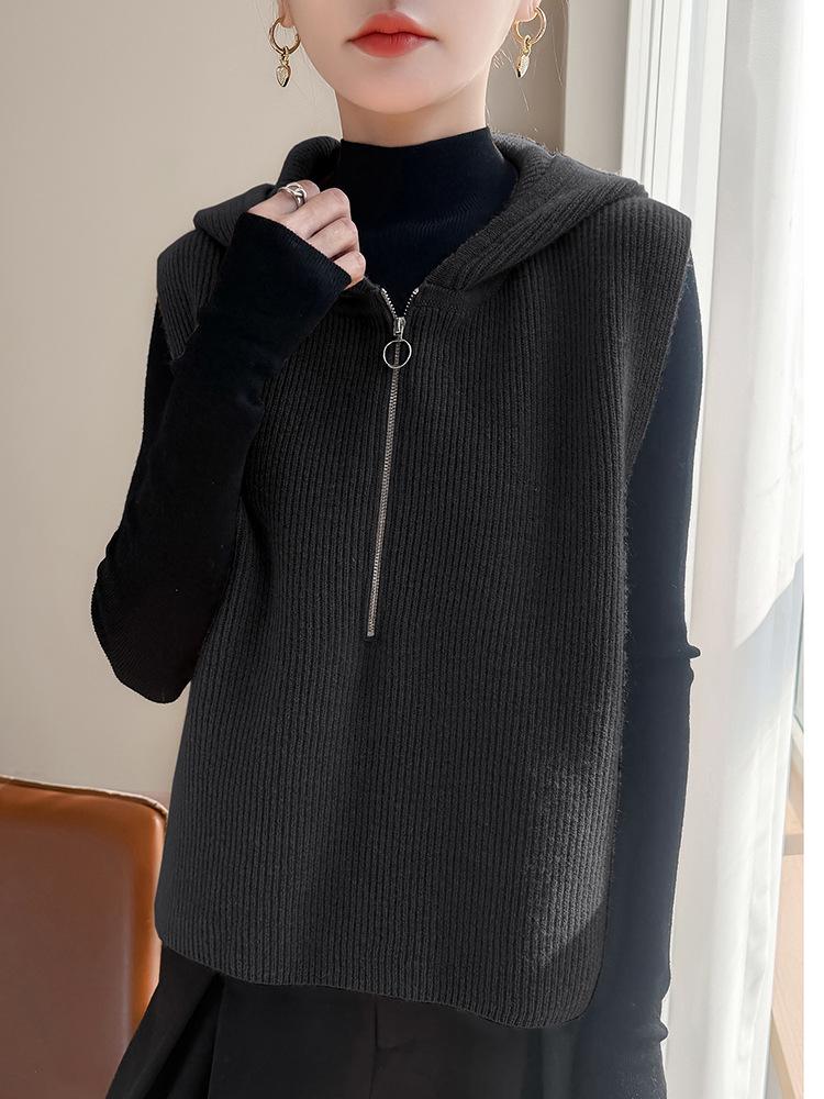 Elegant Half-Zip Hooded Knit Vest: Women's Sleeveless Lapel Cardigan Sweater - Loose and Warm Layering Top