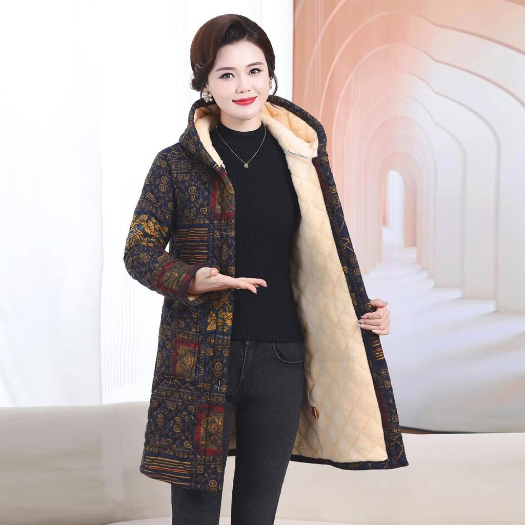 Mid-Aged & Elderly Women's Hooded Fleece-Lined Winter Coat, Warm Mid-Length Jacket, Fashionable New Style.