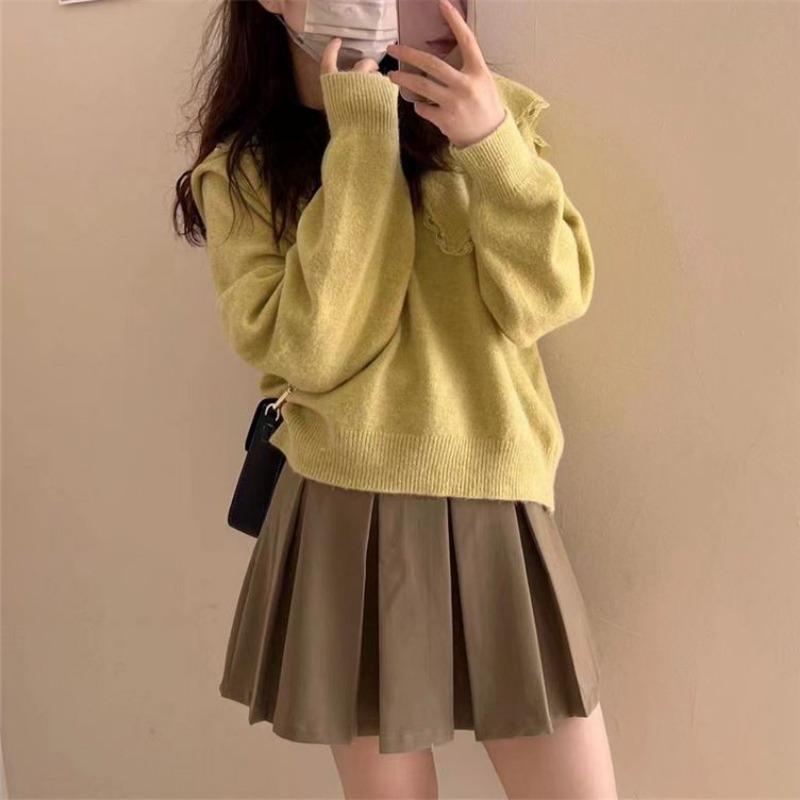 Autumn and winter new doll collar cute wind pullover sweater women's solid color loose age-reducing knitted sweater top