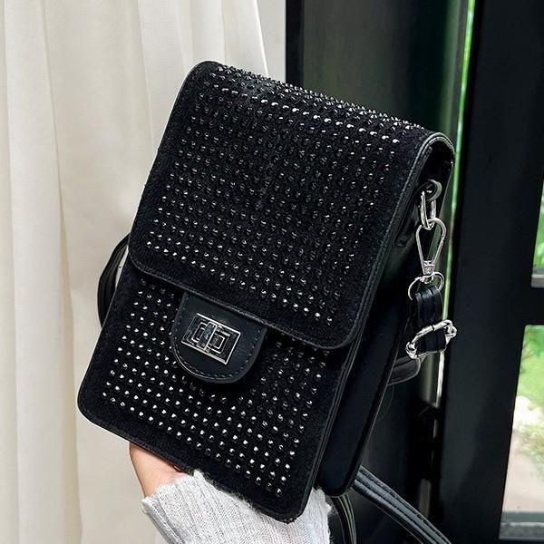 Fashionable 2024 Rhinestone Embellished Velvet Phone Bag Vertical Small Handbag For Women