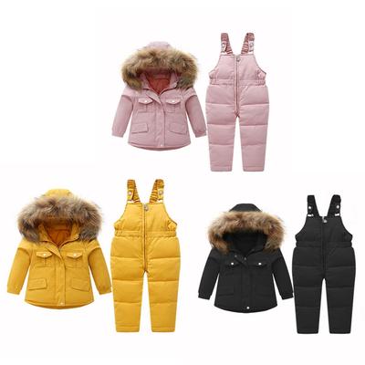 1-5 Years Kids Winter Warm Clothes Set Solid Color Down Jacket Hooded Coat and Suspenders Down Trousers Two-Piece Set