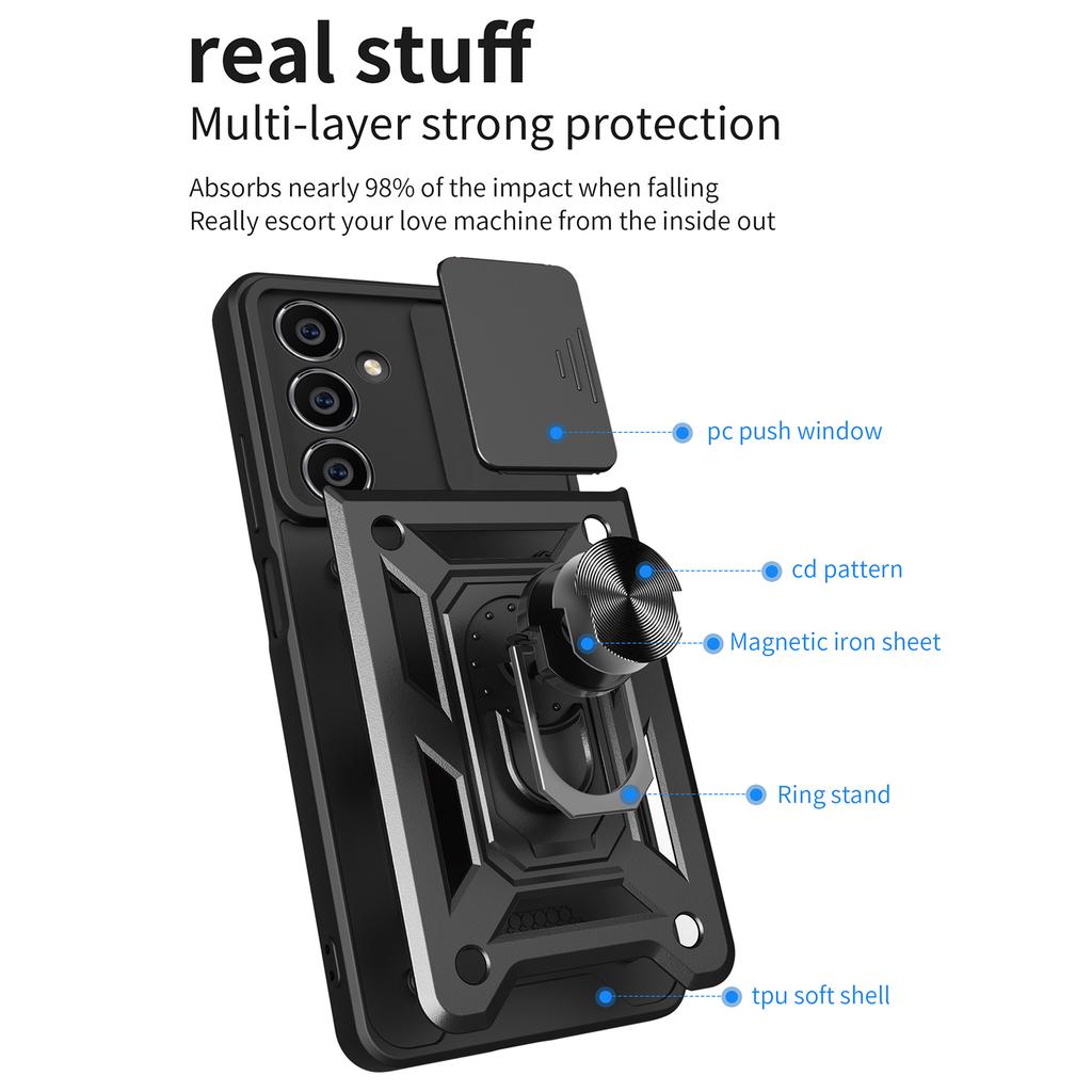 For Samsung Galaxy S23 FE Slide Lens Lid PC+TPU Phone Case Ring Kickstand Back Cover