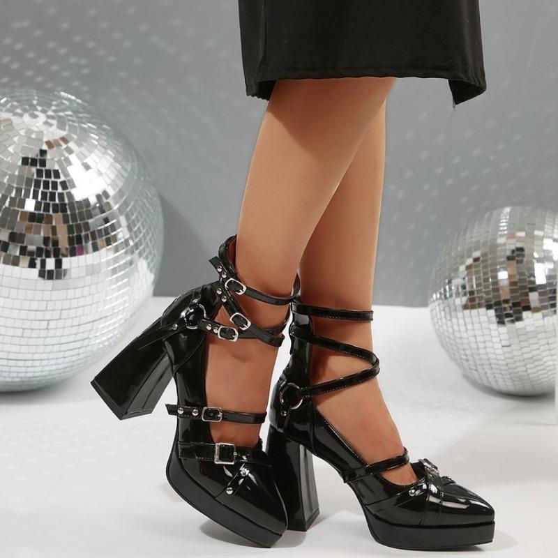 Fashion 2025 Punk Platform Chunky High Heels Women Metal Ankle Strap Mary Jane Lolita Shoes Woman Y2K Black Patent Leather Cosplay Shoes