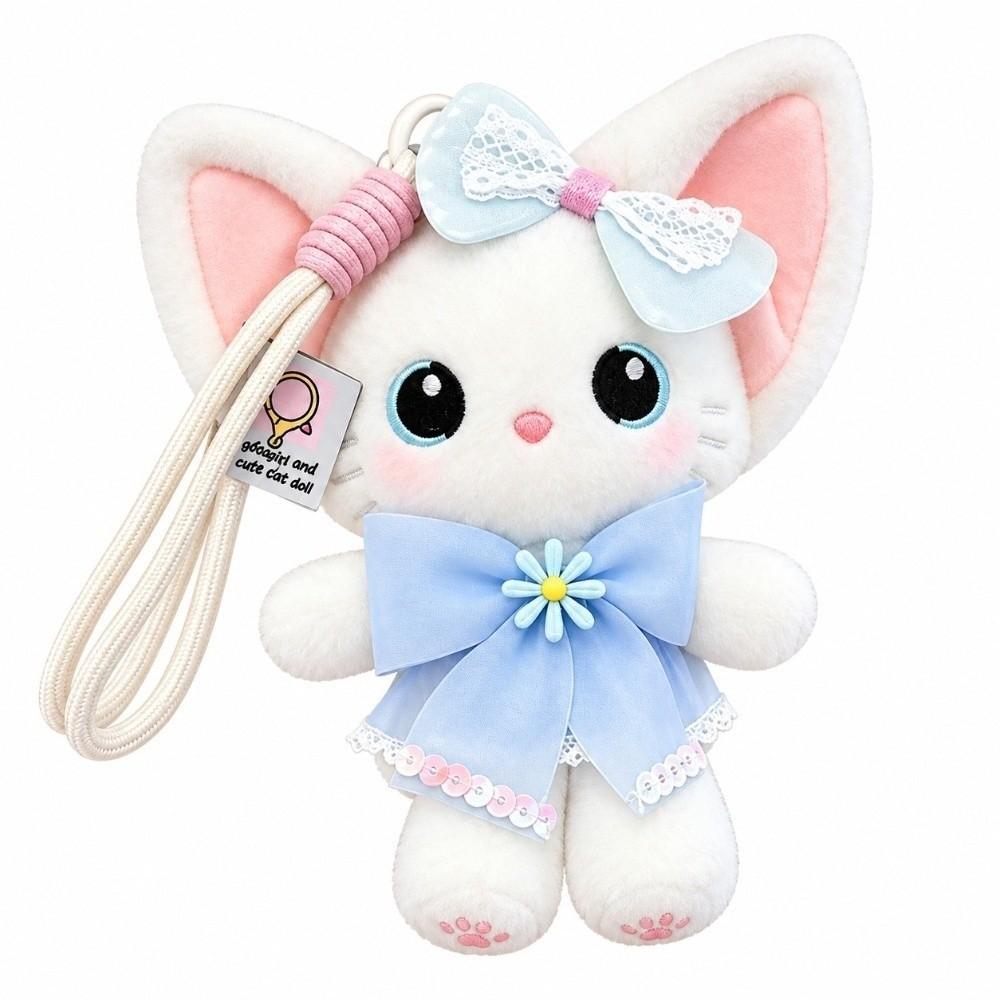 Lace Bowknot Plush Cat Keychain Soft Desk Mascot Charm Sweet Bag Accessory Desktop Decor