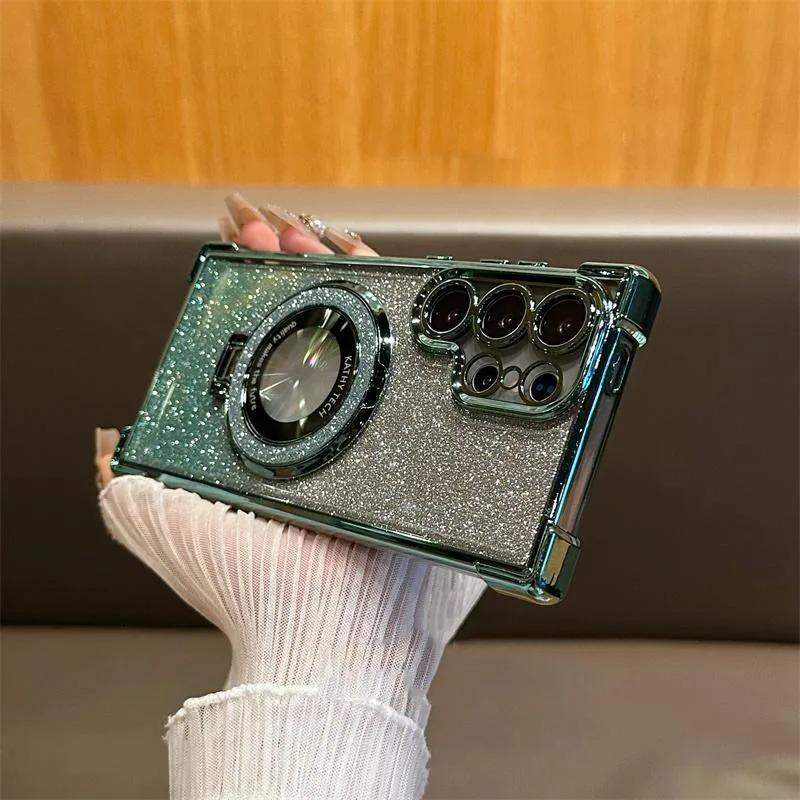 Suitable for Samsung S25 Ultra Flash Powder Magnetic Suction Bracket Mobile Phone Case A56 Electroplated Four Corner Anti Fall NOTE20 Case A36