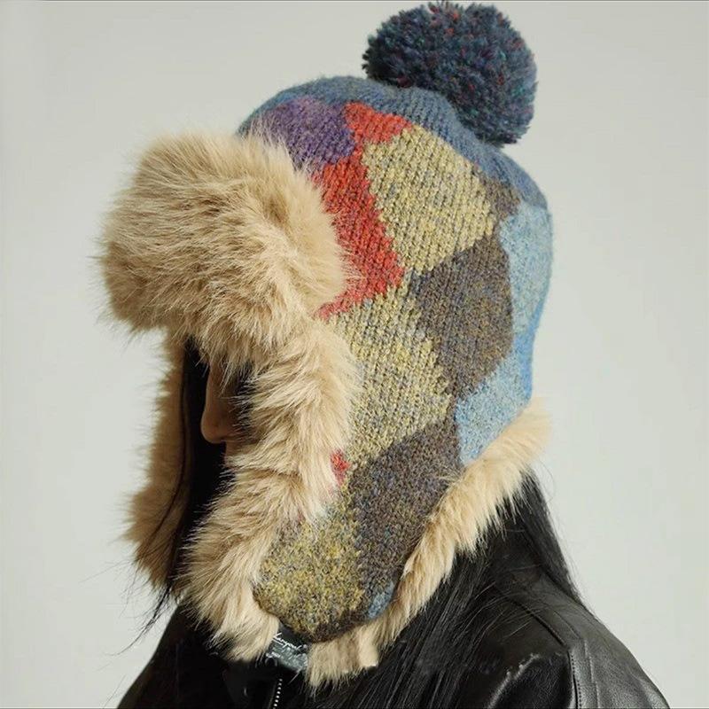 Dopamine Checkered Hat for Women New Winter Woolen Hat with Thick Headband Cold Proof Plush Ear Protecting Lei Feng Hat for Men