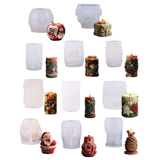 Christmas Candle Mold 3D Embossed Santa Tree Snowman Cylinder Silicone Mold for Resin Candle Soap Craft Cake Chocolate Making