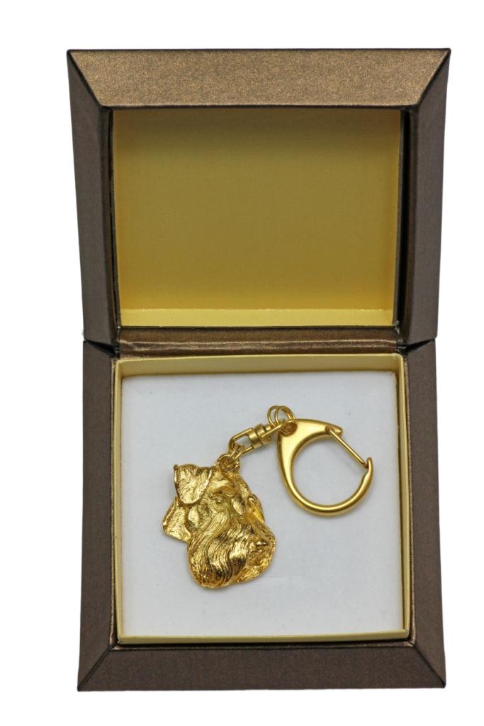 Schnauzer IV - Gilded key ring with dog in gift box, handbag decoration, luxury accessory by Art-Dog brand