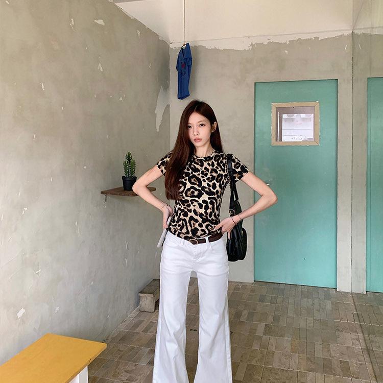 Women's Leopard Print Slim Short Sleeve T-shirt - 2026 Summer Fashion, Eye-catching European and American Trendy Base Layer Top