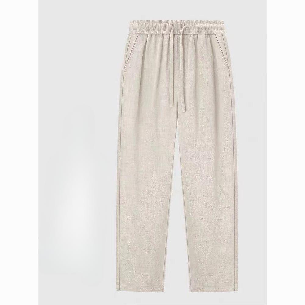 Linen Cotton Breathable Loose-fit Casual Beach Simple Solid Color Drawstring Loose Straight-leg  Trousers
