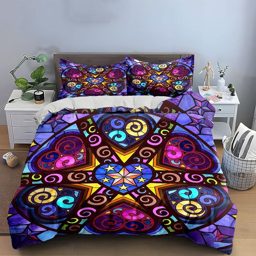 Stained Glass Heart Decor Set Soft Comfortable Duvet Cover Bedding Set Included 1*Duvet Cover & 2*Pillowcases, Gift