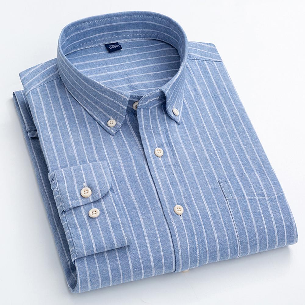 Men's Classic Fit Casual Plaid Linen Cotton Shirt Single Pocket Button-down Comfortable Soft Long Sleeve Stripe Checked Shirts