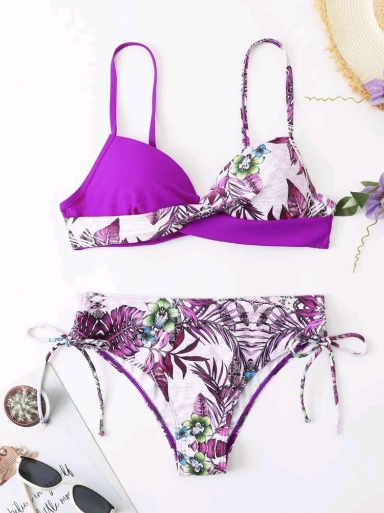 

Многоцветный купальник с открытой спиной и завязками с принтом, пляжный собранный сексуальный раздельный стальной кронштейн, жесткая сумка, комплект бикини для девочек XL фиолетовый