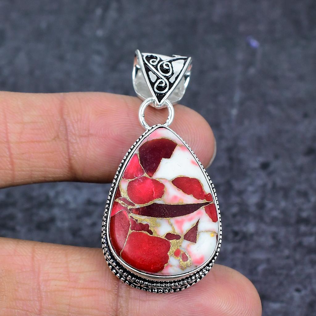 Natural Red Dahlia Turquoise 925 Sterling Silver Jewelry Pendant 2.05" ET-4782