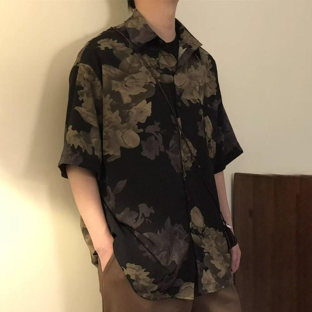 Loose Beachwear Shirts Men V-neck Short Sleeve Shirts All Match Women Flower Blouse Summer